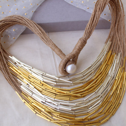 Exclusive Jute Necklace With Dual Tone Brass Beads