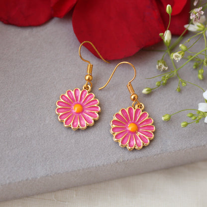 Pink Flower Charm Mini Hook Earrings