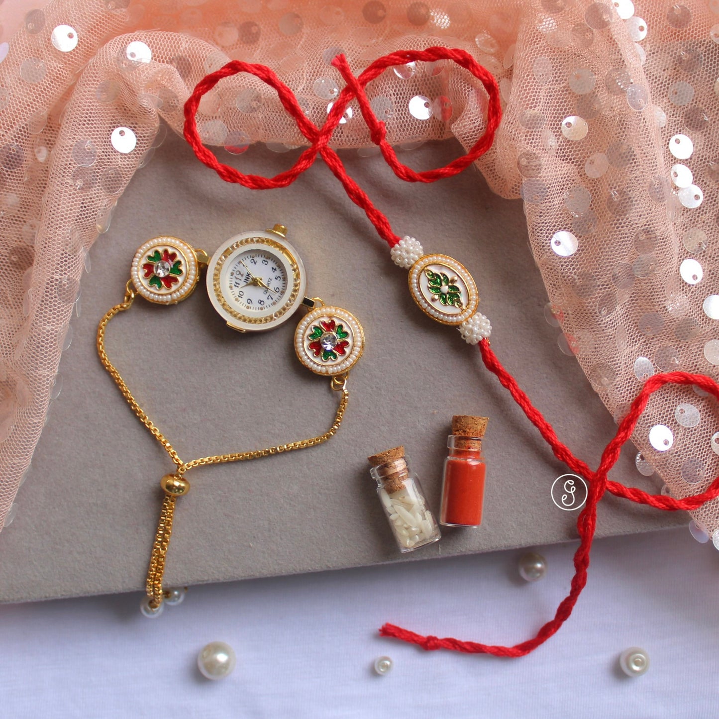 Bhaiya & Bhabhi Rakhi Set – Meenakari & Watch Bracelet