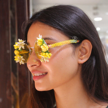 Yellow Floral Embellished Statement Sunglasses