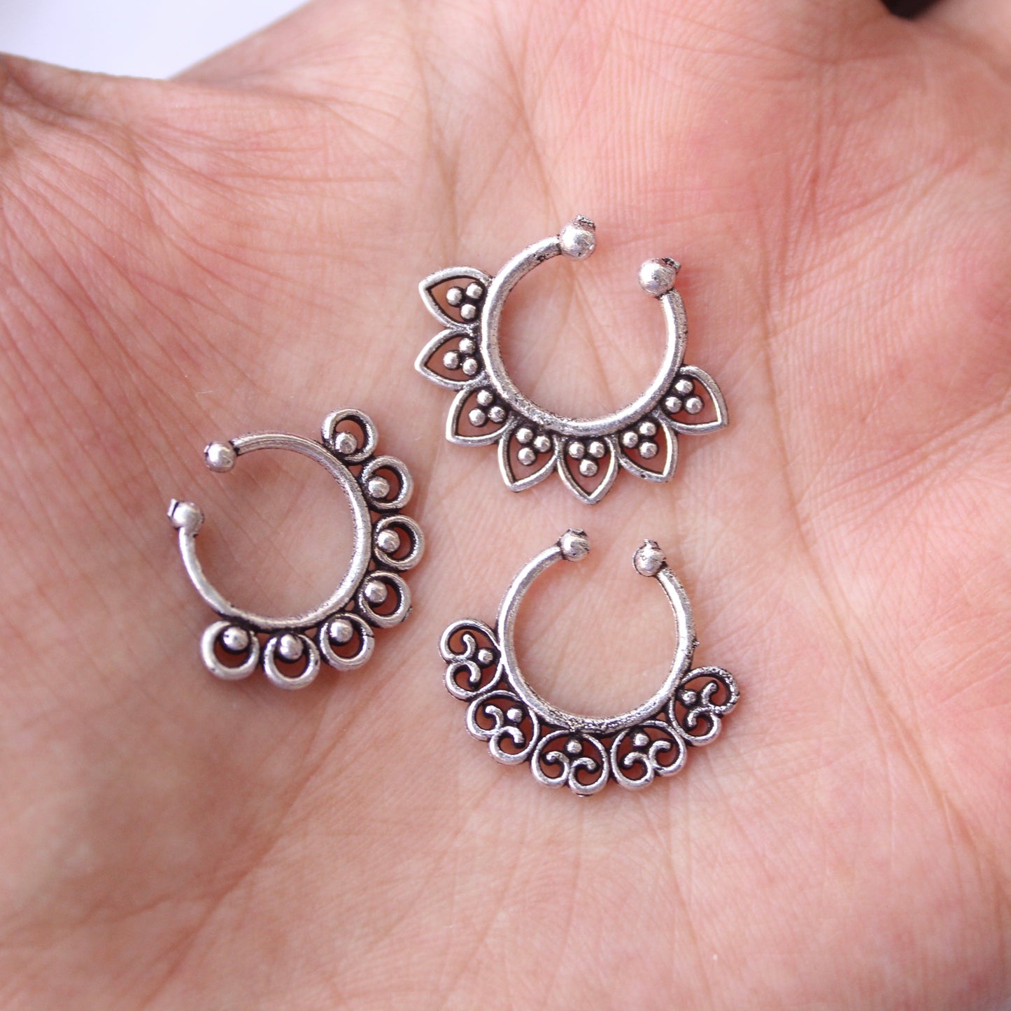 (Set of 3) Oxidised Silver Press-on Nose Rings