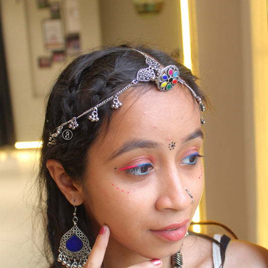 Elegant Damini Style Oxidised Silver Maang-Tika