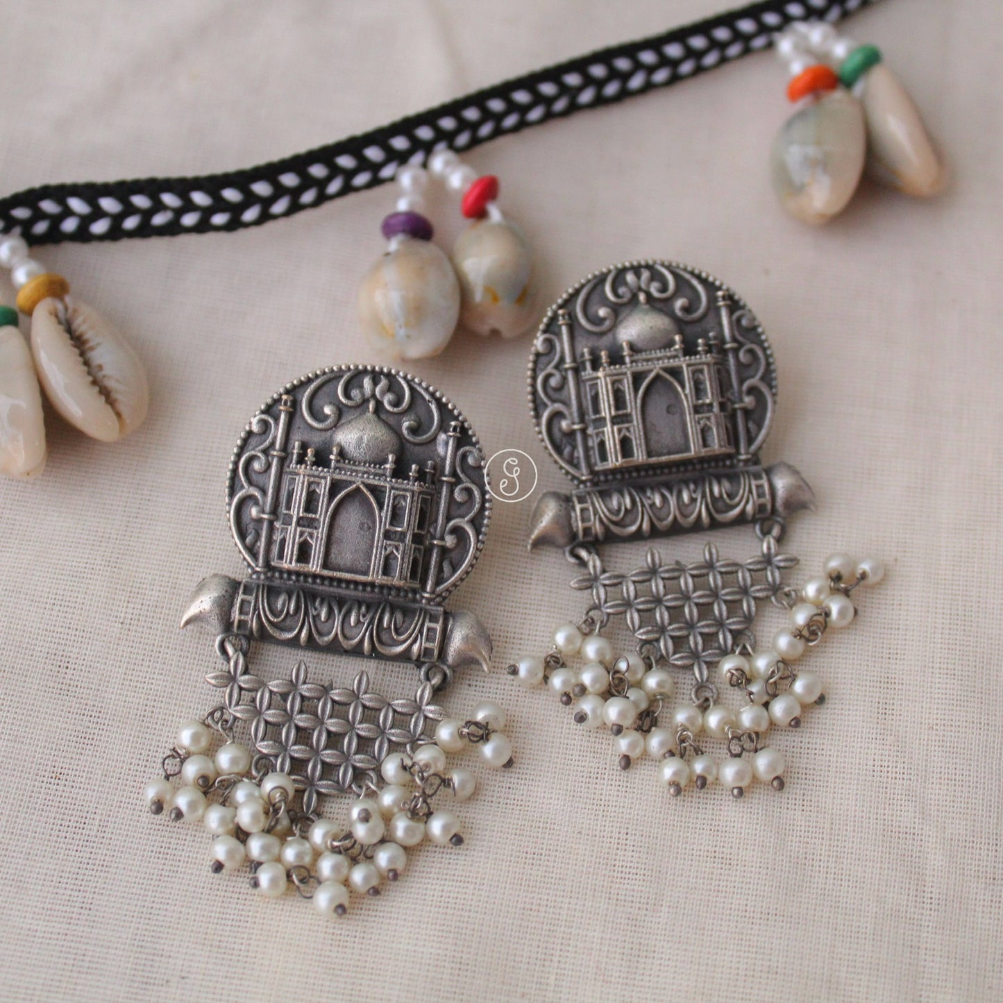 Tajmahal Design Oxidised Silver Antique Earrings