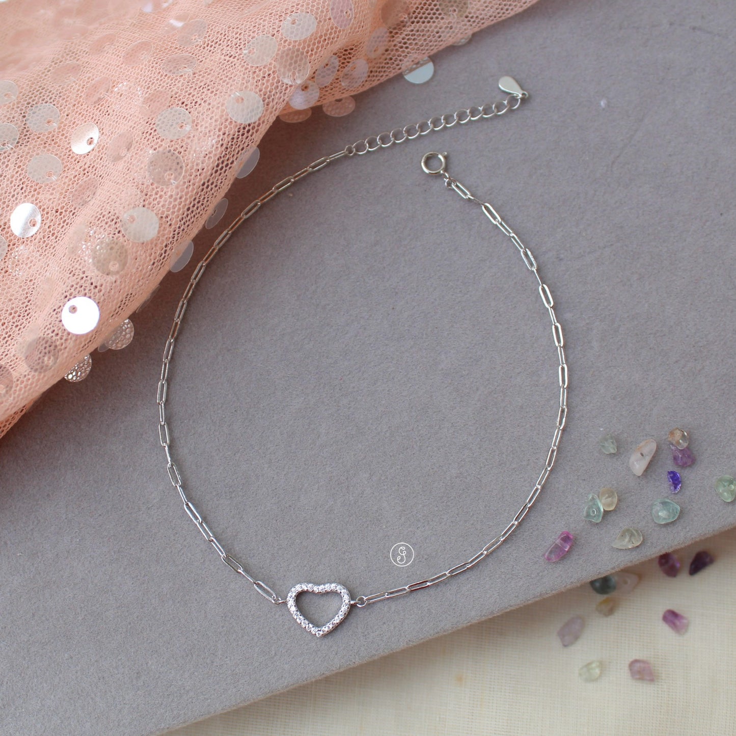 92.5 Sterling Silver Anklet With Love Heart Charm
