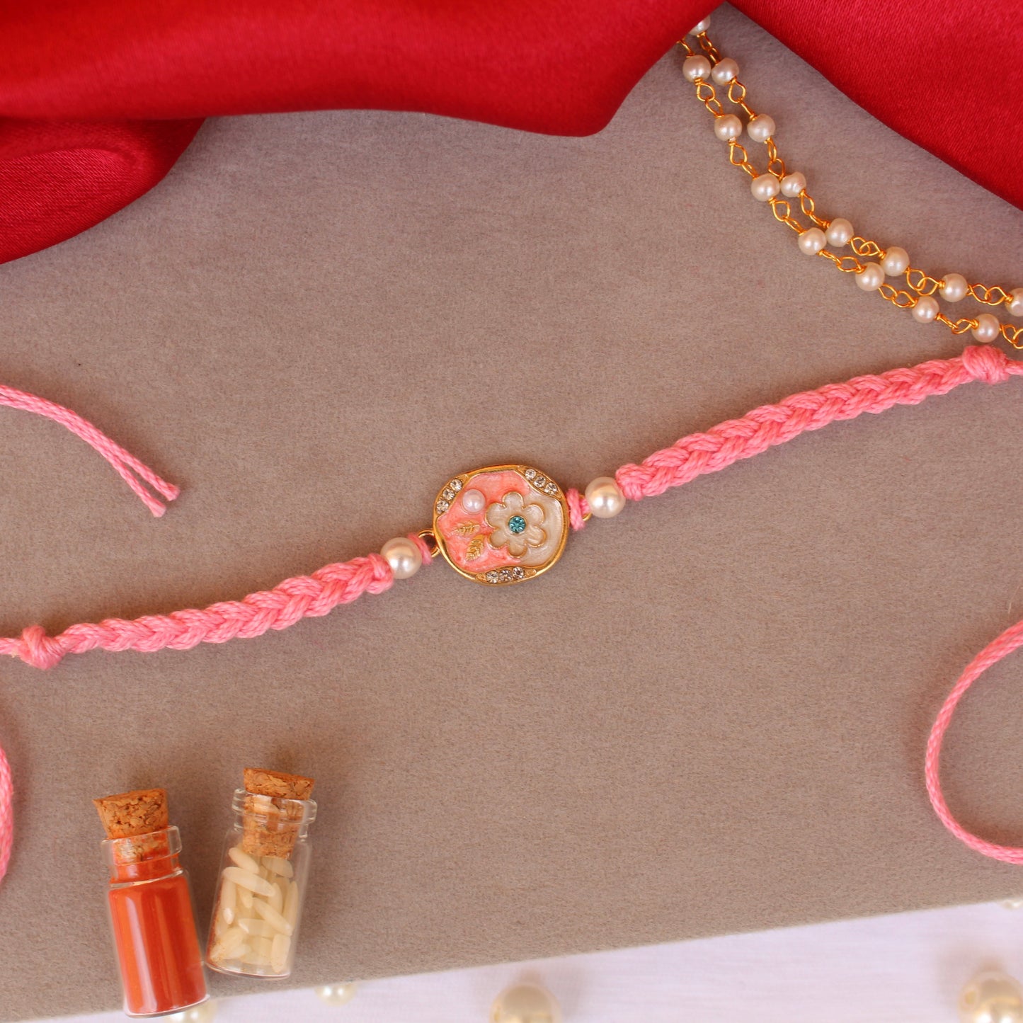 Pink Floral Rakhi & Bracelet Pair