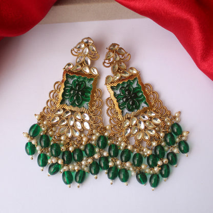 Emerald Carved Long Ethnic Earrings