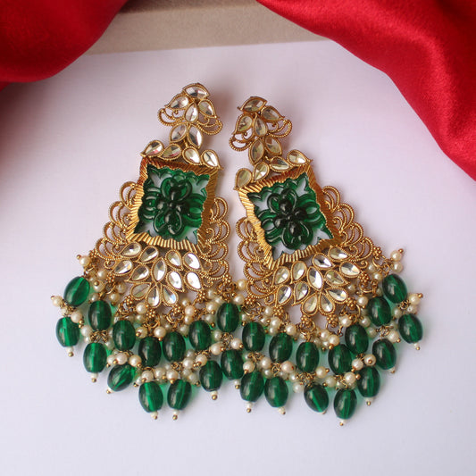 Emerald Carved Long Ethnic Earrings