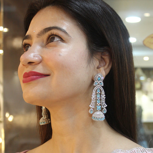 Classic Silver & Blue CZ Diamonds Long Earrings