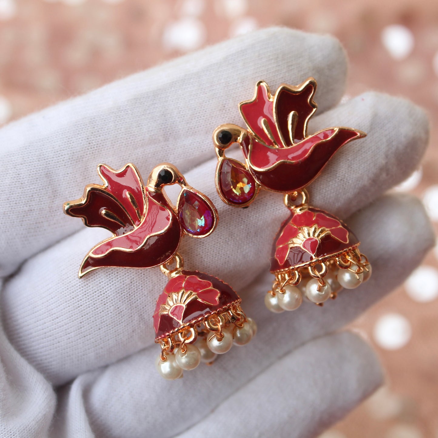 Brown & Maroon Mini Meenakari Jhumki