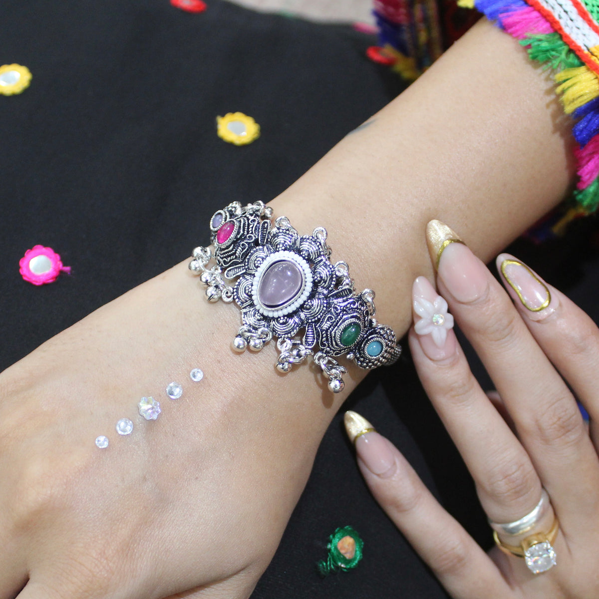 Oxidised Silver Pink Monalisa Stone Bracelet