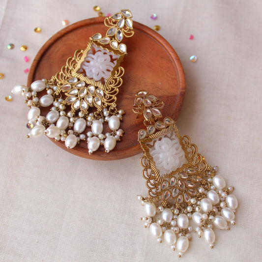 White & Golden Beautifully Carved Long Earrings