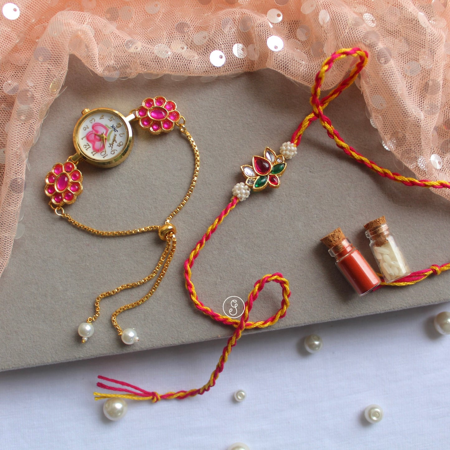 Bhai & Bhabhi Rakhi - Watch & Lotus Design