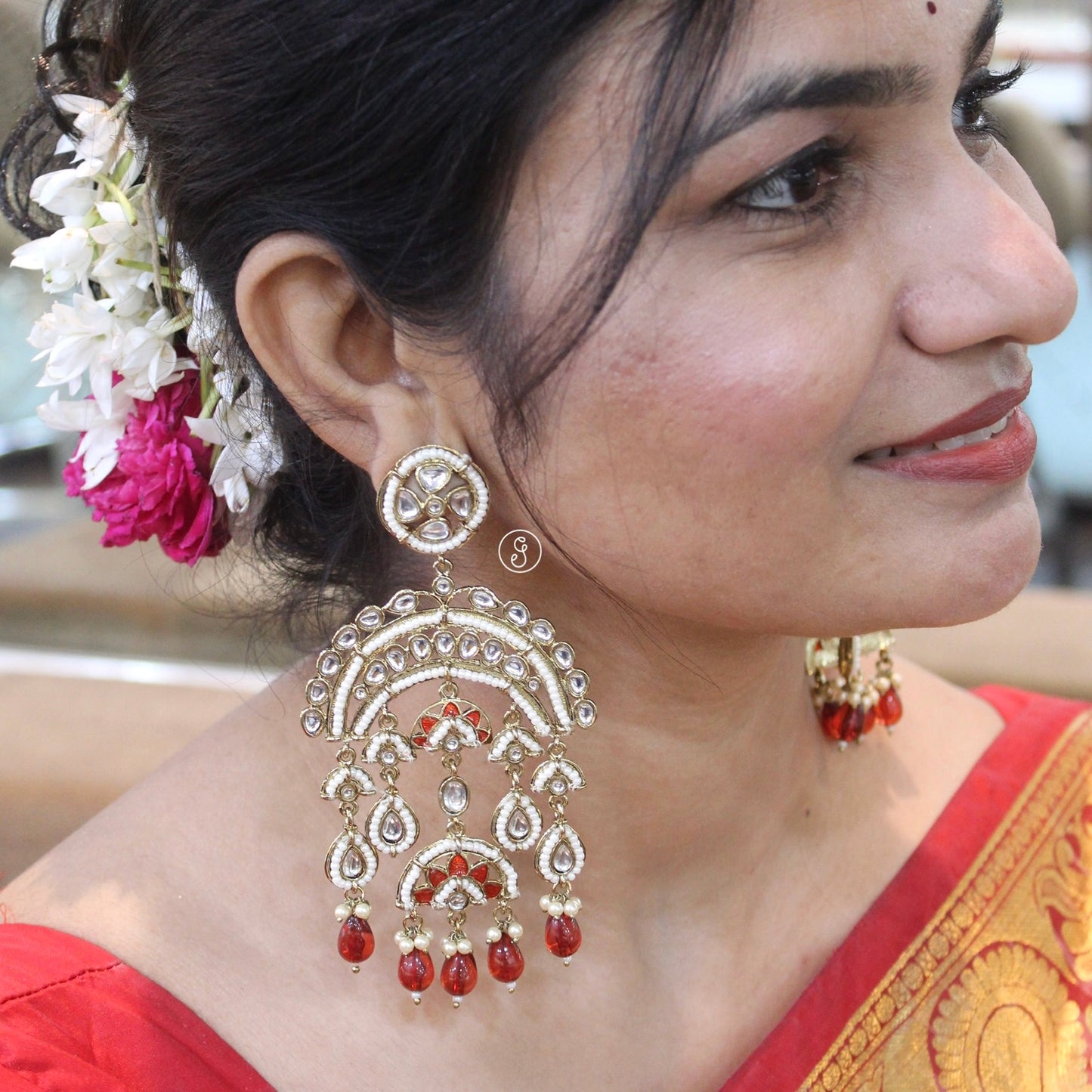 Red Bollywood Inspired Long Kundan Earrings