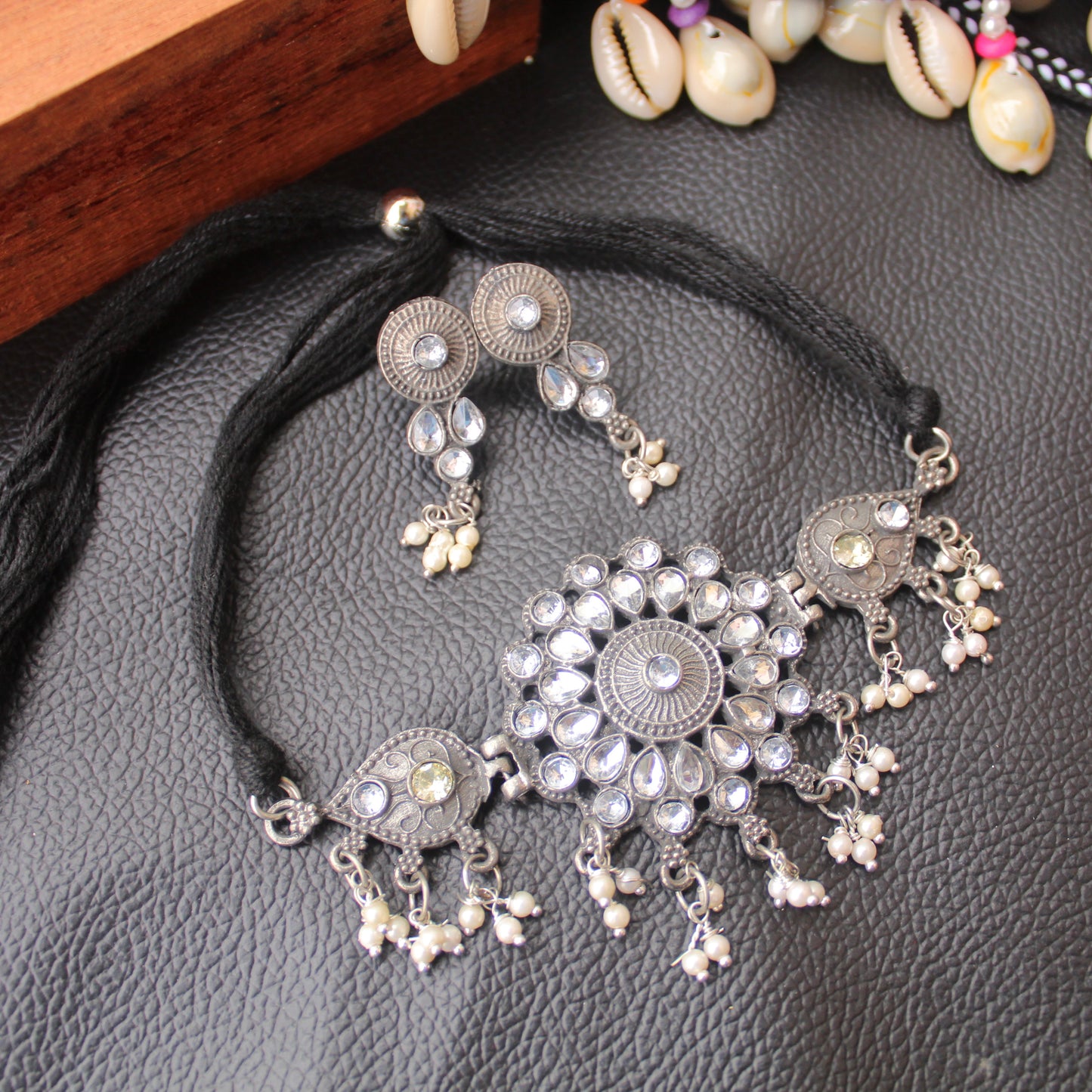 Pretty Stones Work Oxidised Silver Choker Set