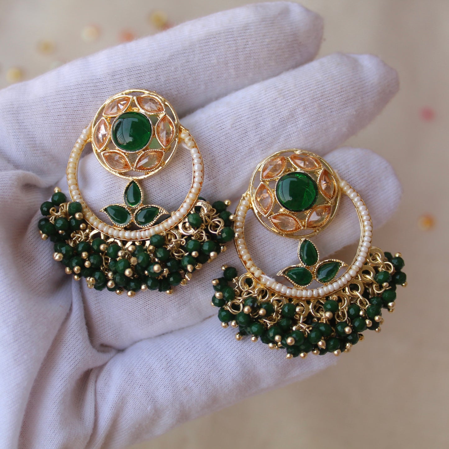 Green Stones & Beads Embellished Earrings