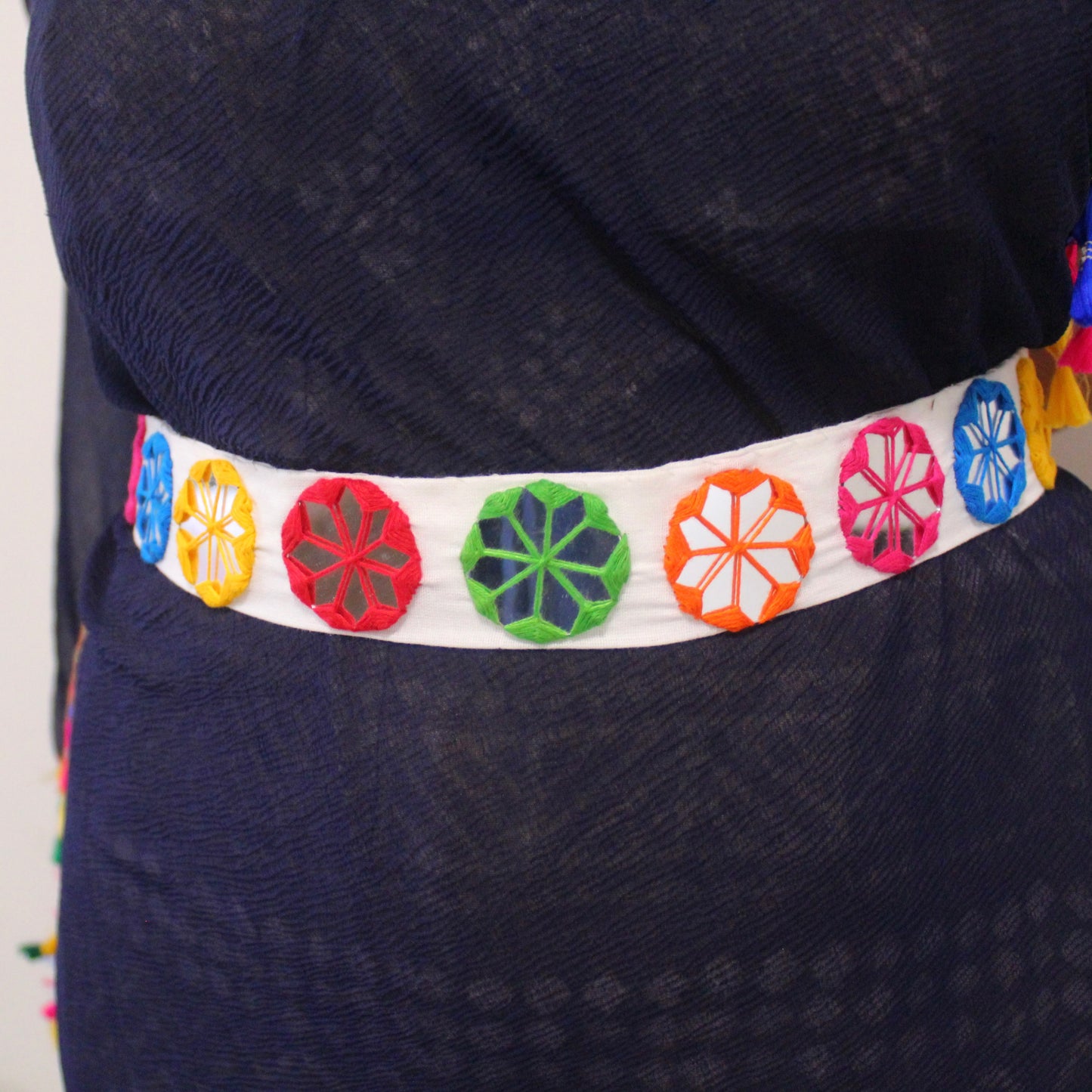 White & Multicolour Mirror Work Waist Belt