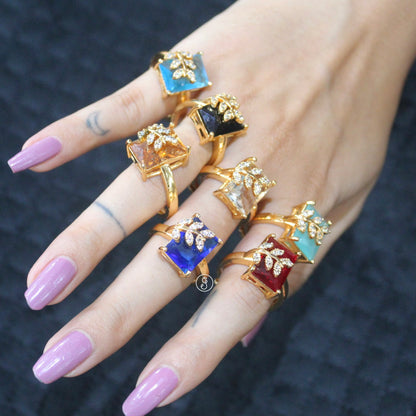AD Stone Leaf Design Adjustable Statement Finger Ring
