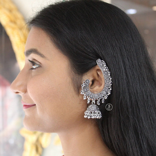 Stunning Oxidised Silver Ear-Cuff Jhumki Earrings