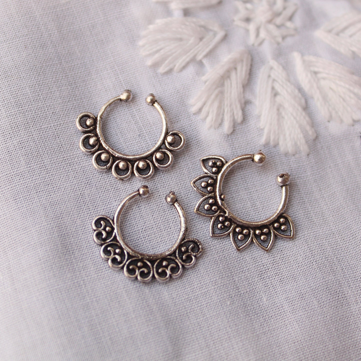 (Set of 3) Oxidised Silver Press-on Nose Rings