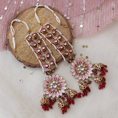 Bold Red Ethnic Floral Earrings With Earchains