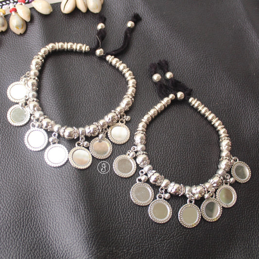 Mirror Work Pair of Silver Anklets