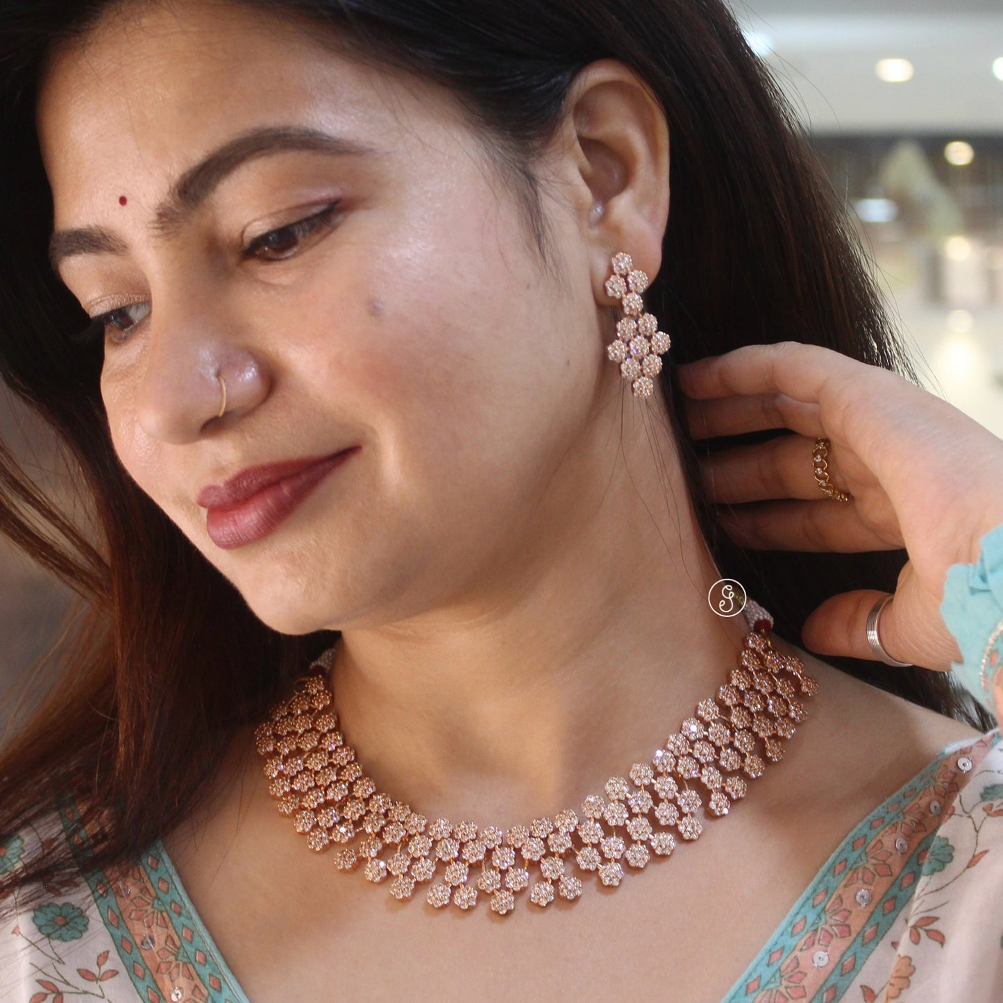 Rose Gold CZ Floral Layered Necklace Set