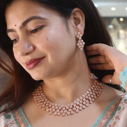 Rose Gold CZ Floral Layered Necklace Set