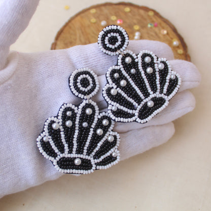 Black & White Beaded Shells Design Earrings