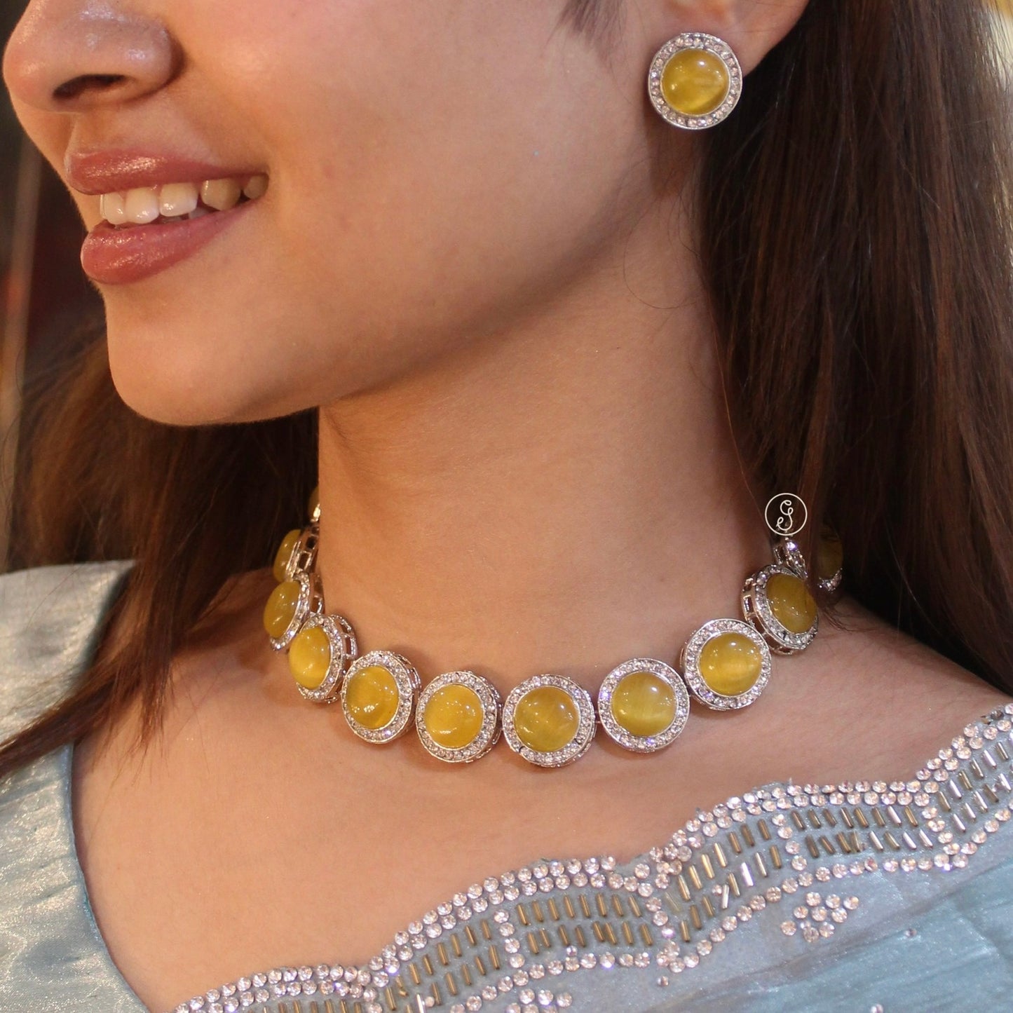 Stunning Yellow Monalisa Stones Studded Choker Set