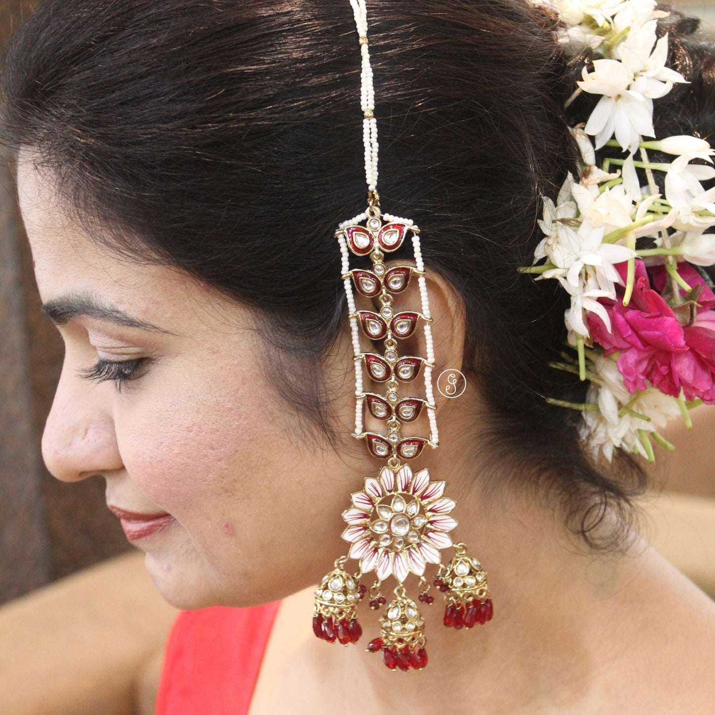 Bold Red Ethnic Floral Earrings With Earchains