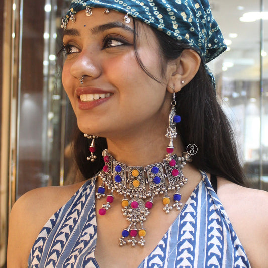 Stunning Multicoloured Oxidised Silver Necklace Set