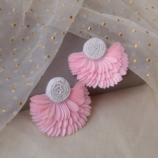 Baby Pink Feather Pattern Beaded Earrings