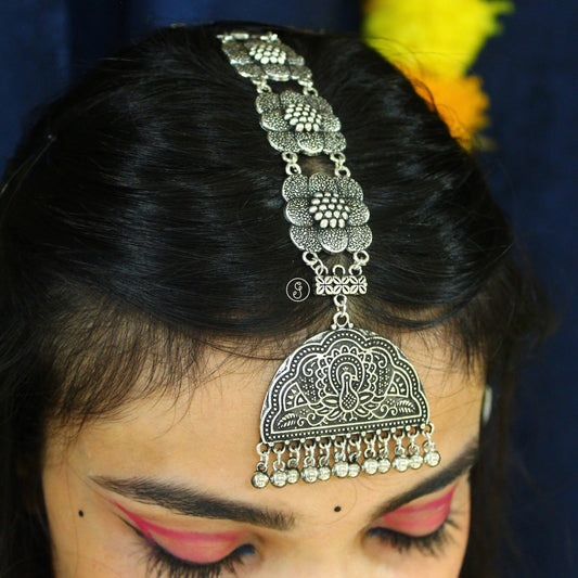 Designer Oxidised Silver Maang Tika