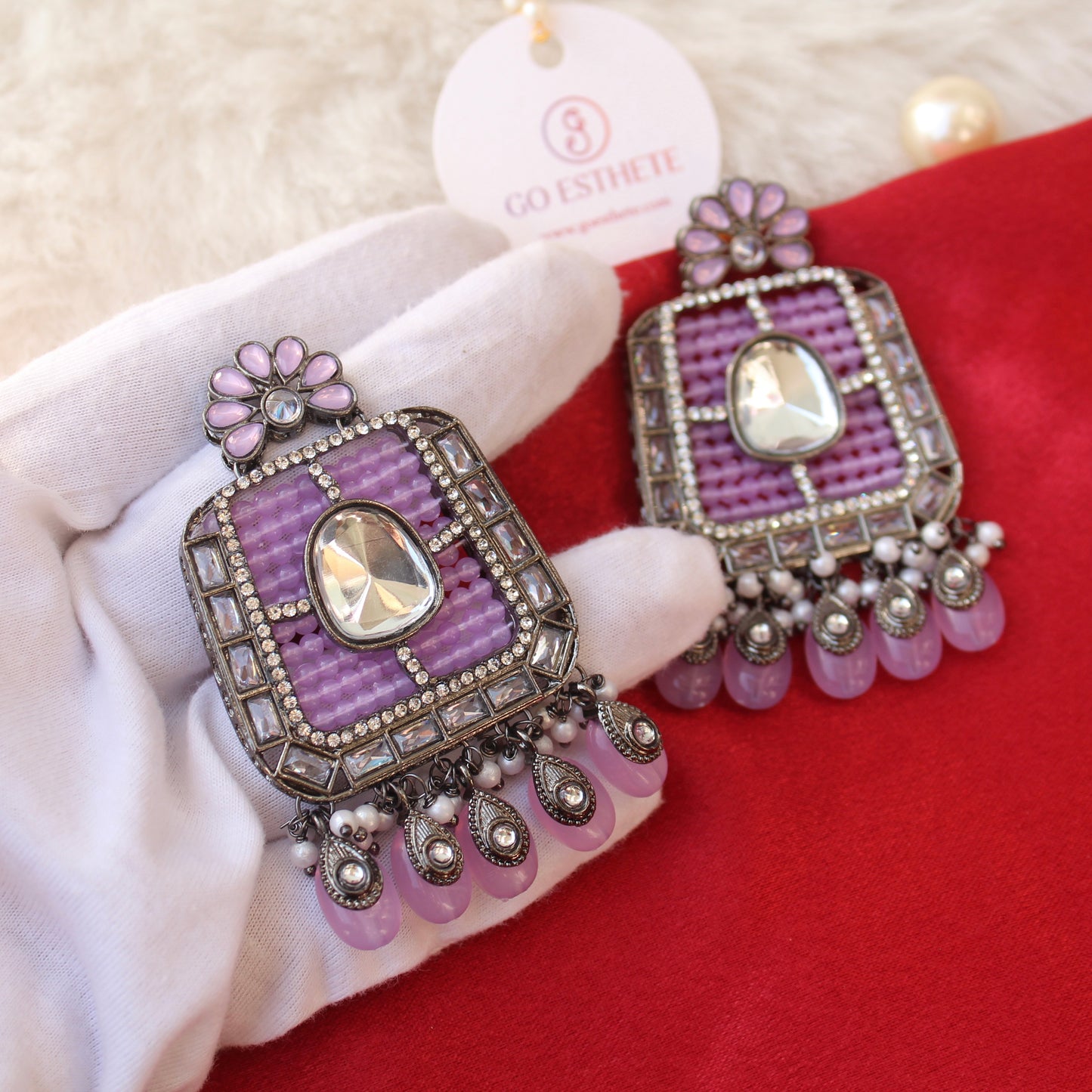 Unique Purple Beads & Kundan Work Earrings