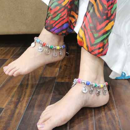 Multicoloured Adjustable Anklets With Coin Charms