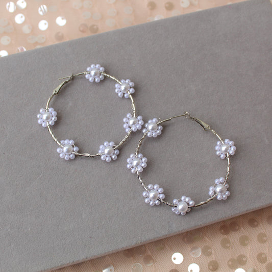 Pearl-adorned Silver Hoop Earrings