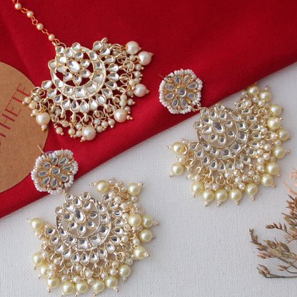 White Chandbali Earrings With Matching Maang-Tika