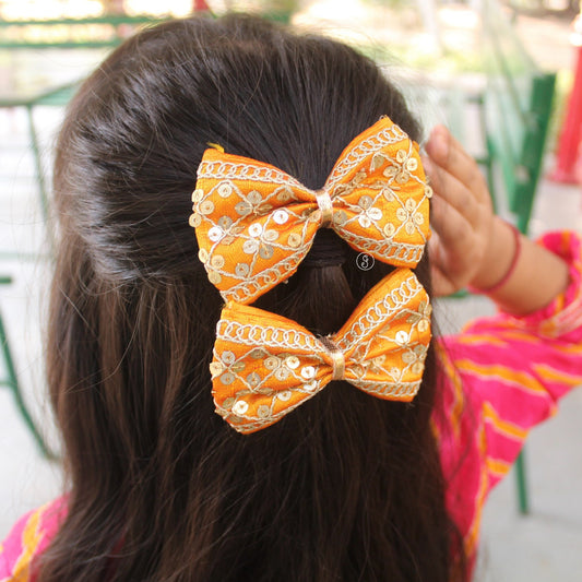 Yellow Embroidered Ethnic Bow Hair Clip