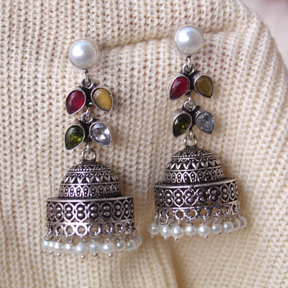 Multicoloured Stones Work Oxidised Jhumki