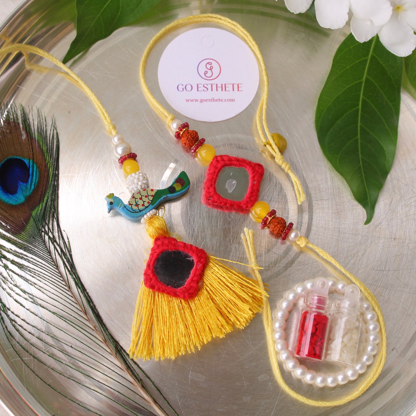 Red & Yellow Mirror Work Rakhi Pair