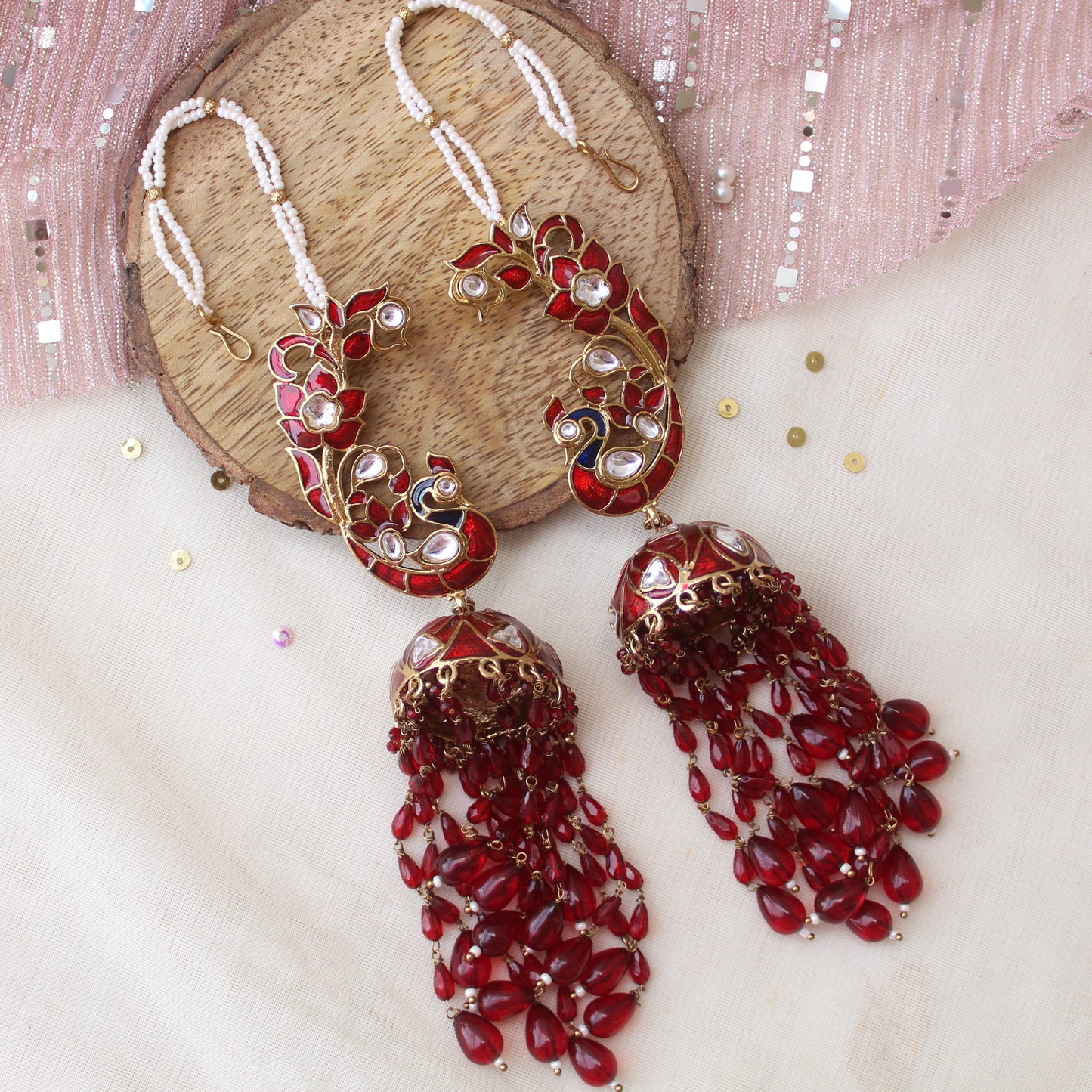 Red Ethnic Long Jhumki With Earcuffs