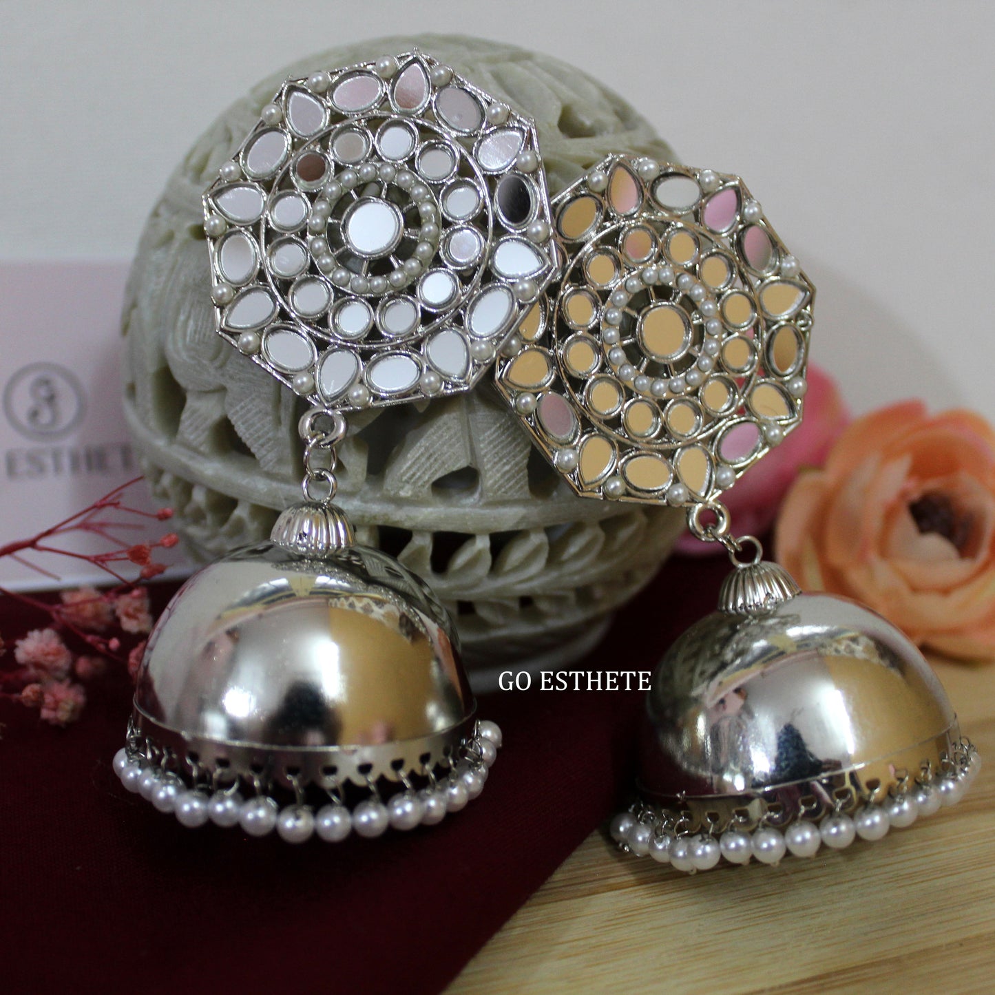 Stunning Silver Mirror Work Jhumki Earrings