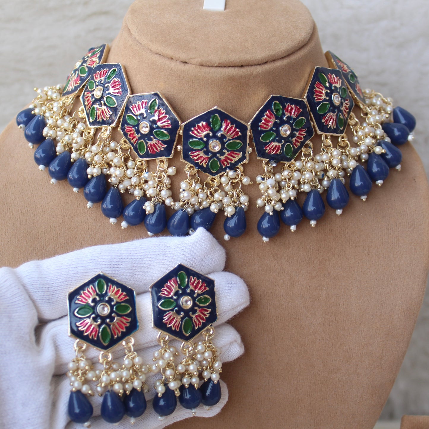 Blue Hexagon Pattern Meenakari Choker Set