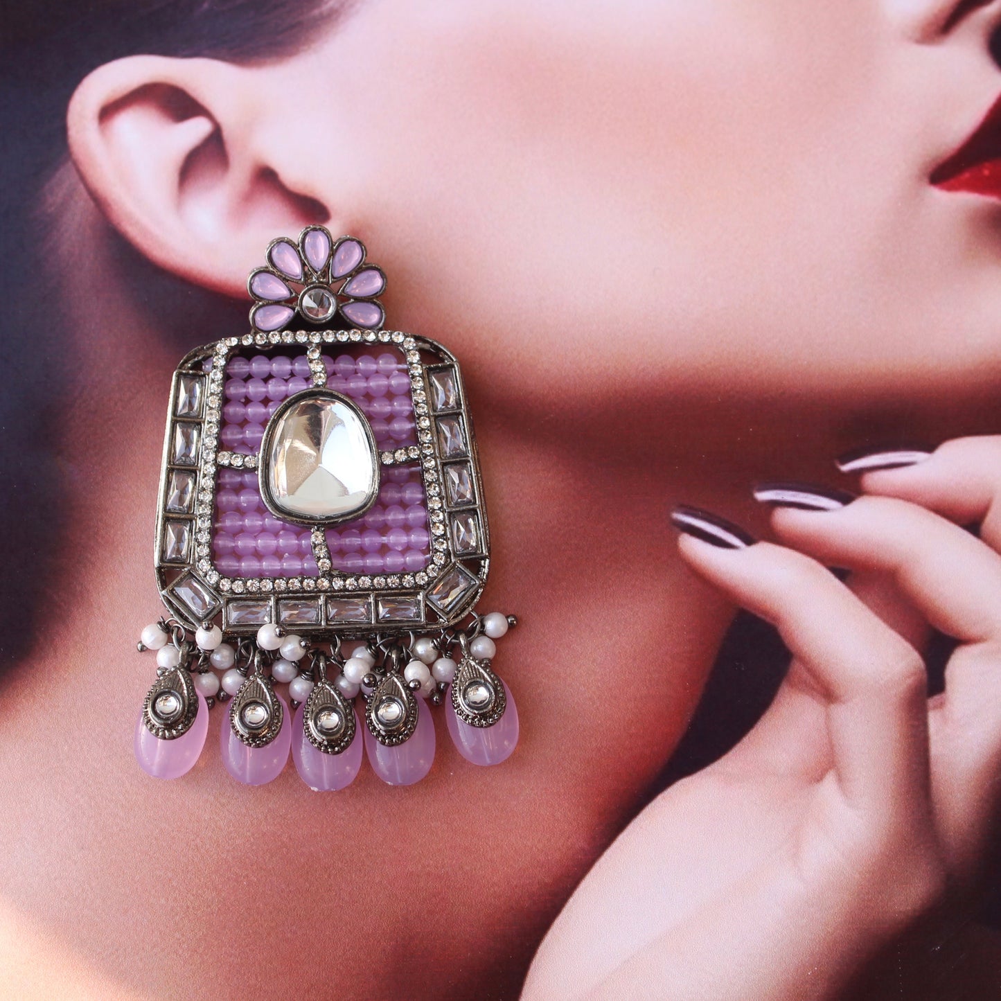 Unique Purple Beads & Kundan Work Earrings