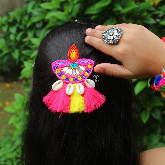 Beautiful Multicoloured Beaded Diya Hair-Clip