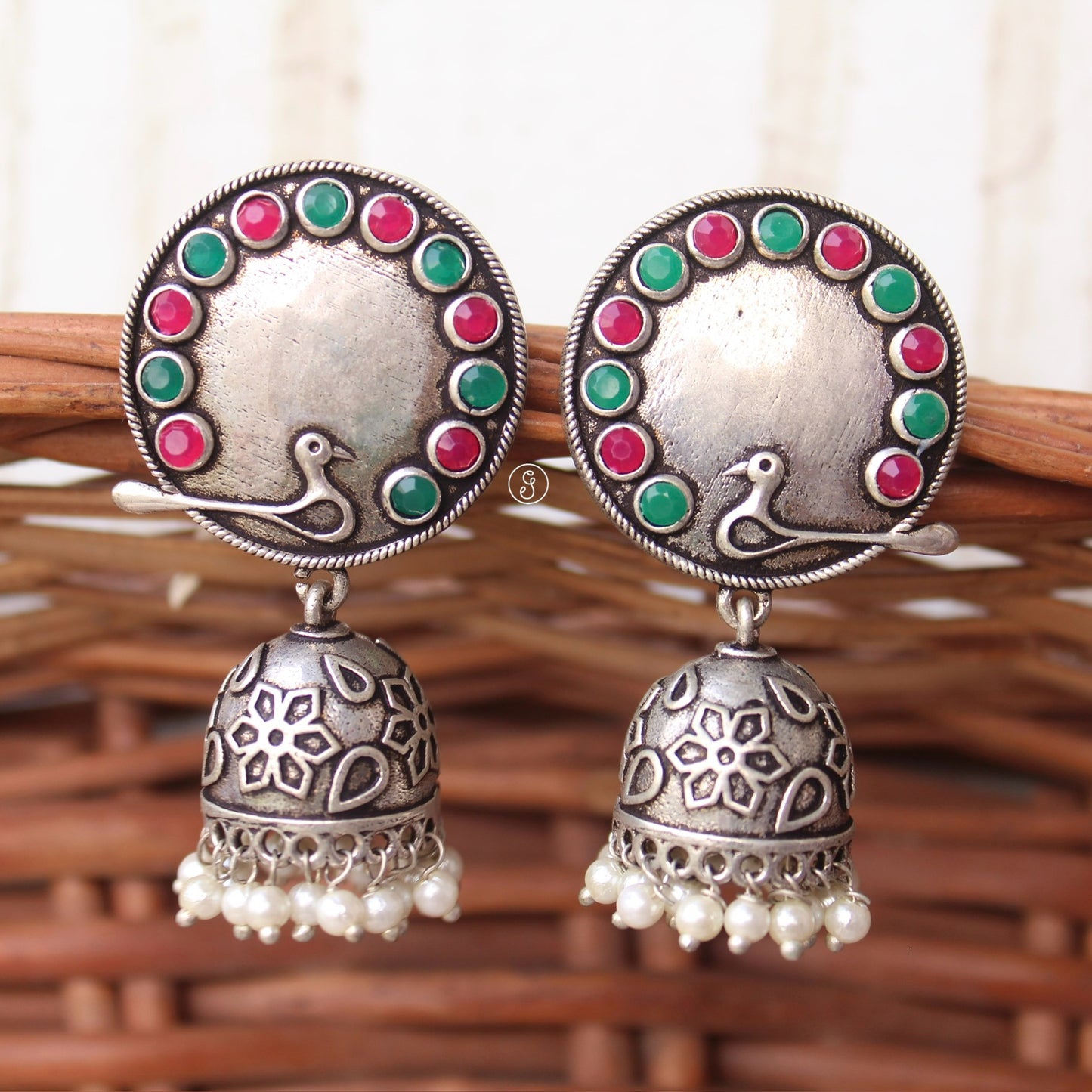 Pretty Oxidised Silver Peacock Design Jhumki