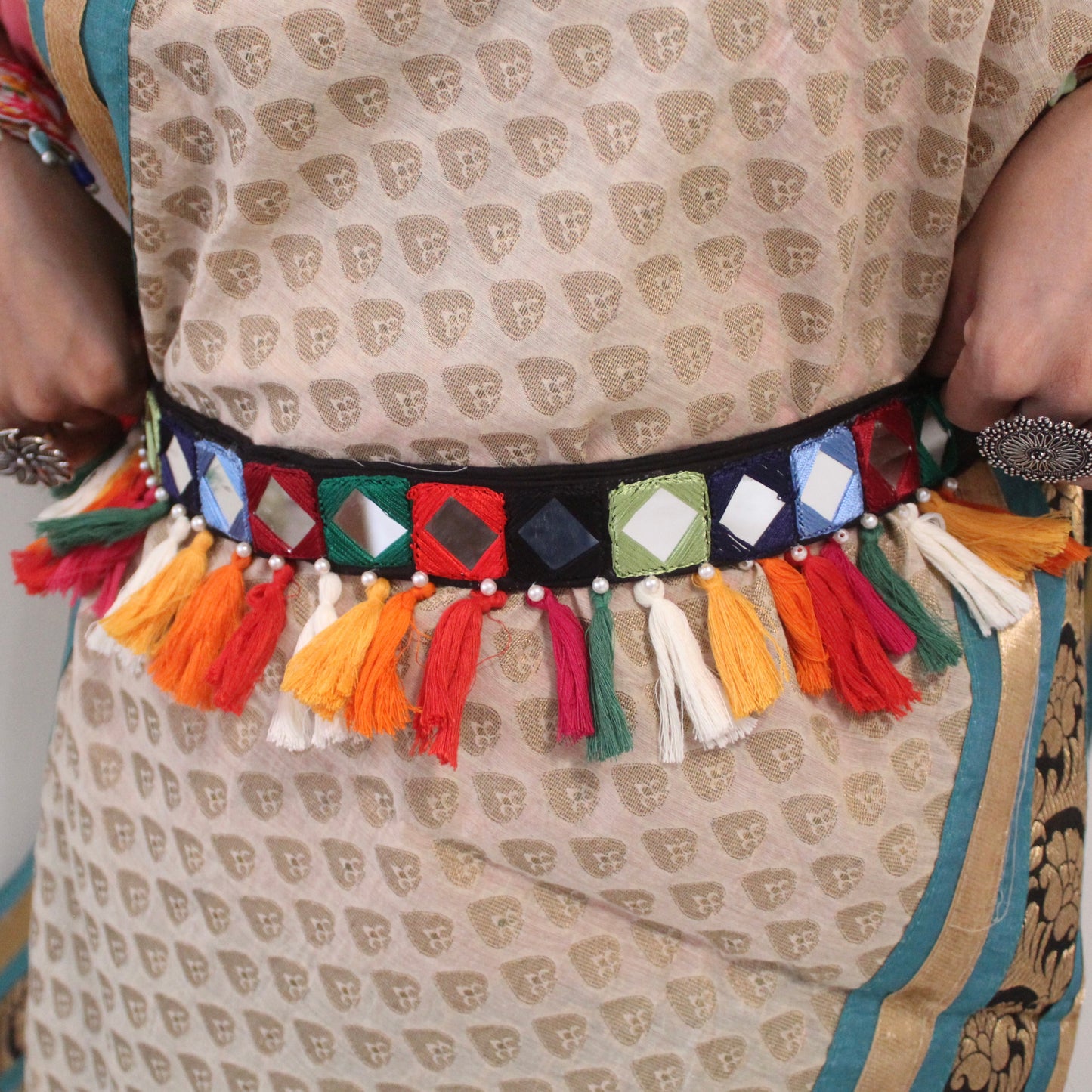 Multicolour Mirror & Tassels Work Waist belt