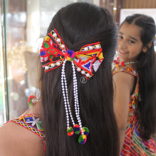 Multicolour Embroidered Pearl & Pom-Pom Hair Bow Clip