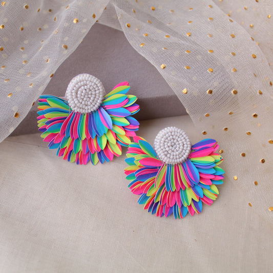 Neon Rainbow Feather Pattern Beaded Earrings