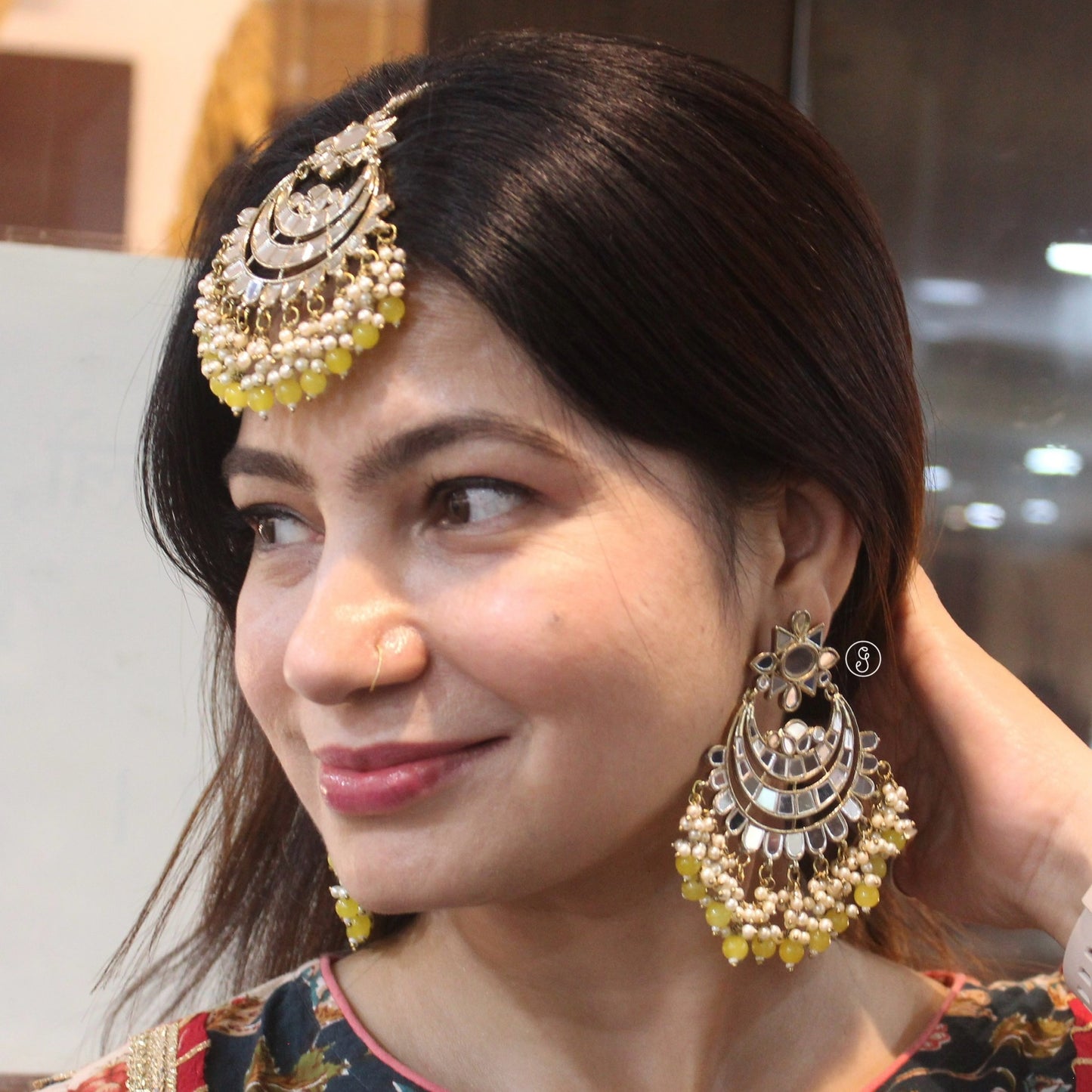 Mirror Work Chandbali Earrings with Maangtika